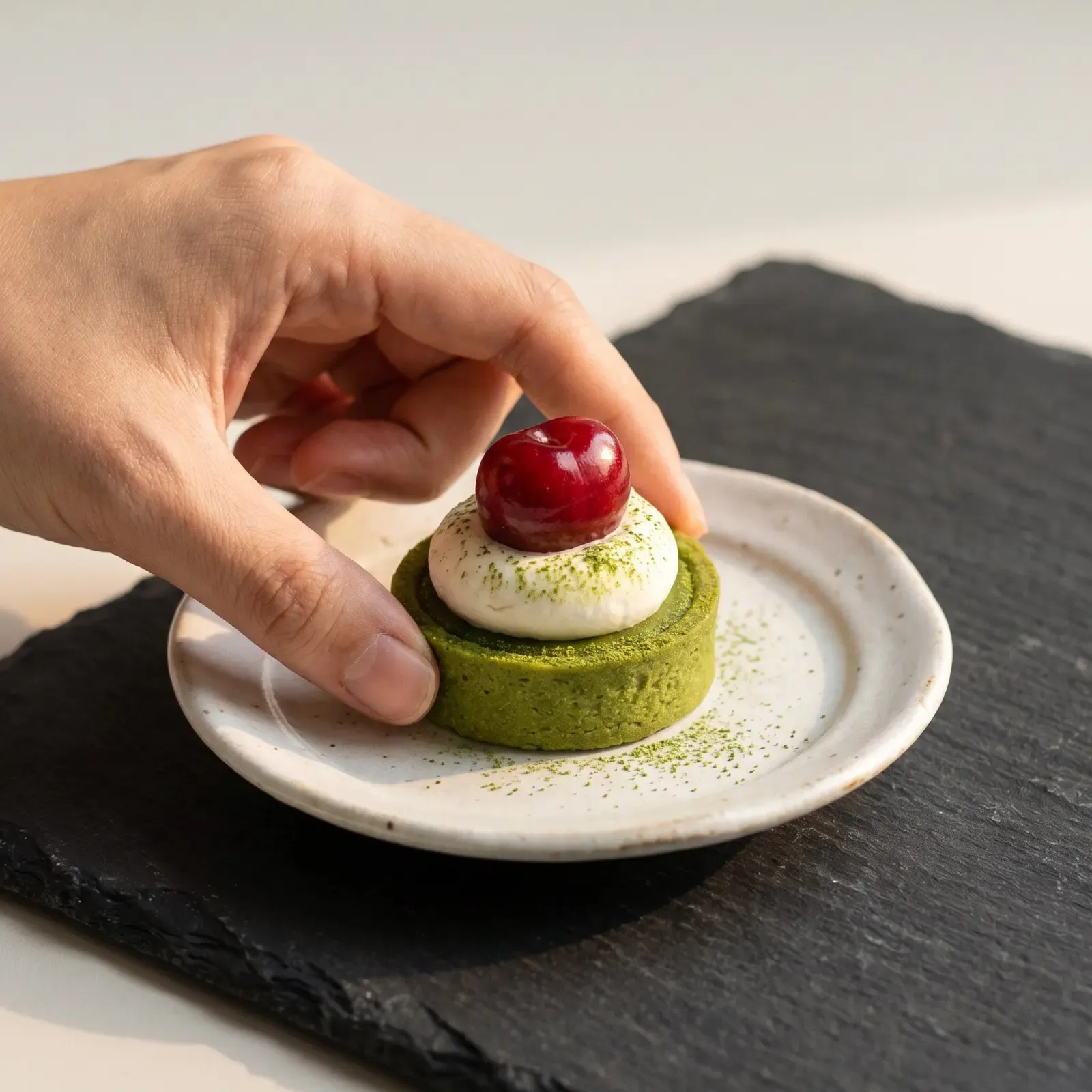 A hand setting down a small matcha tart topped with cream and a single cherry, on a speckled plate over a slate board