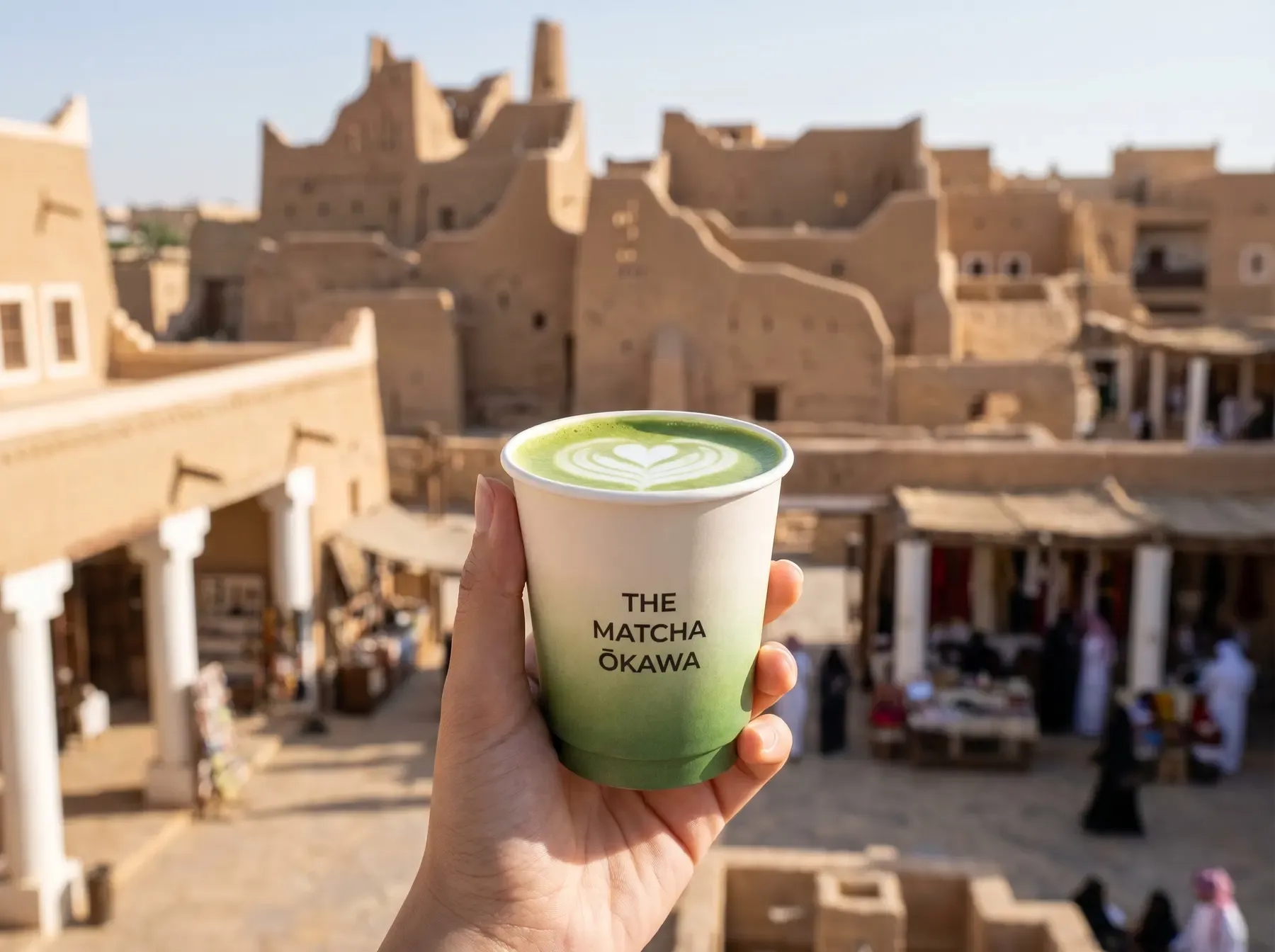 A hand holding up a takeaway cup of matcha latte with a leaf poured in its foam, against sunlit mud-brick towers and a market square below