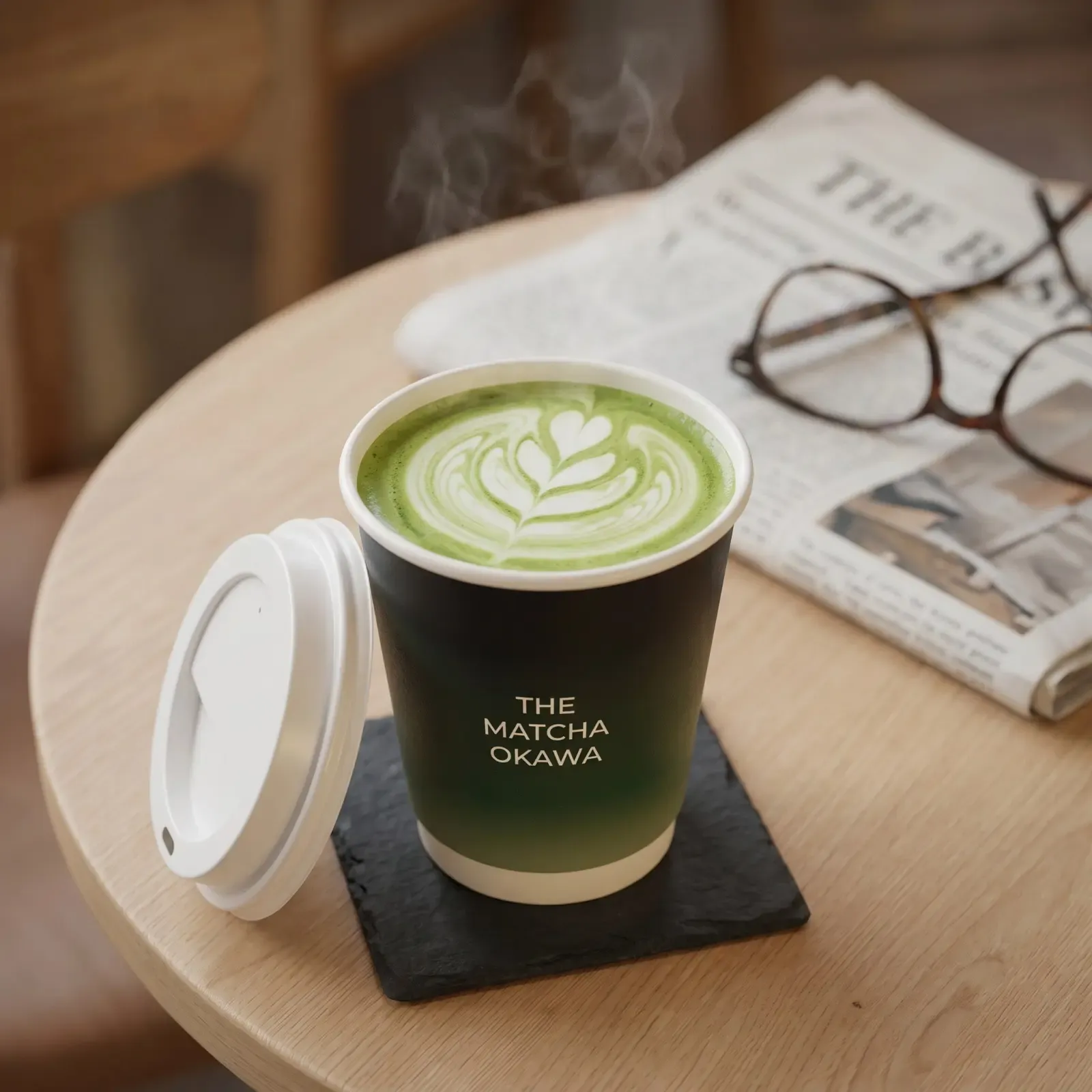 A steaming matcha latte with a leaf poured in its foam, in a dark takeaway cup on a slate coaster, the lid set beside it and a folded newspaper and glasses behind