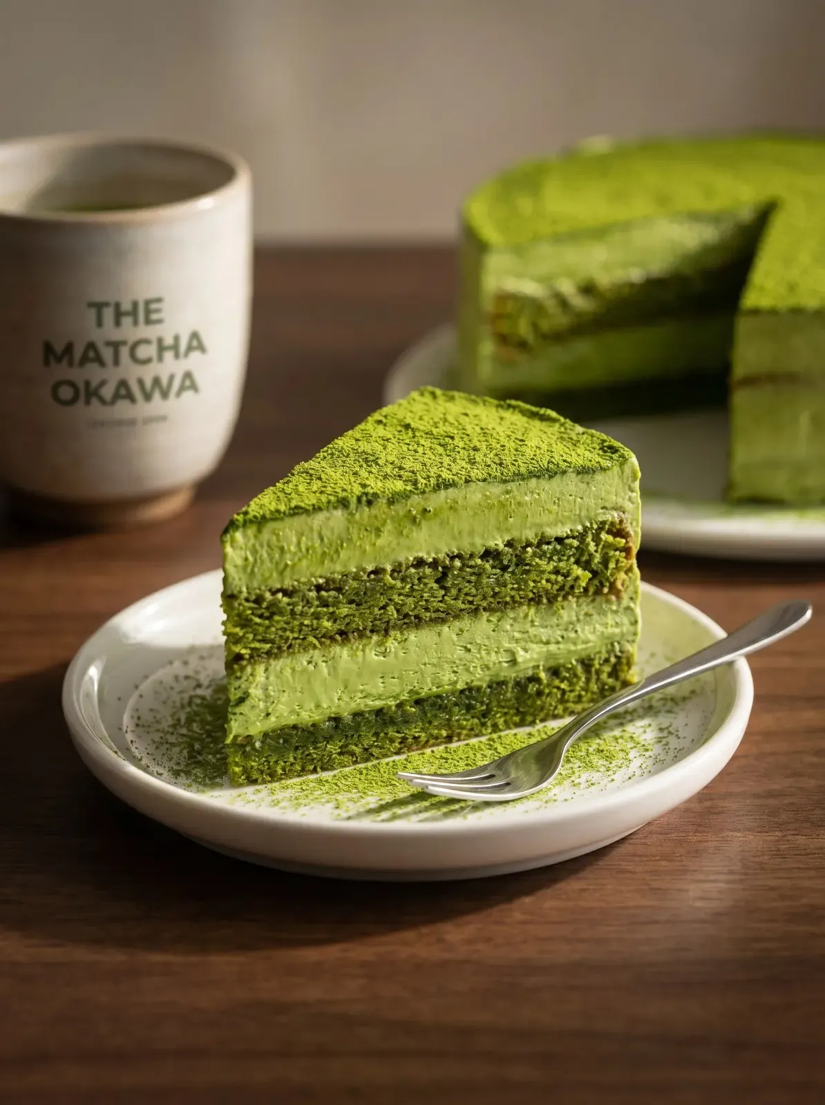 A slice of layered matcha cake dusted with green powder on a white plate with a fork, the rest of the cake and a ceramic cup behind