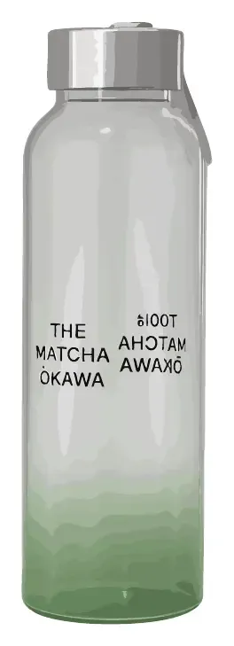 A tall clear glass bottle with a metal cap, shading to green at its base